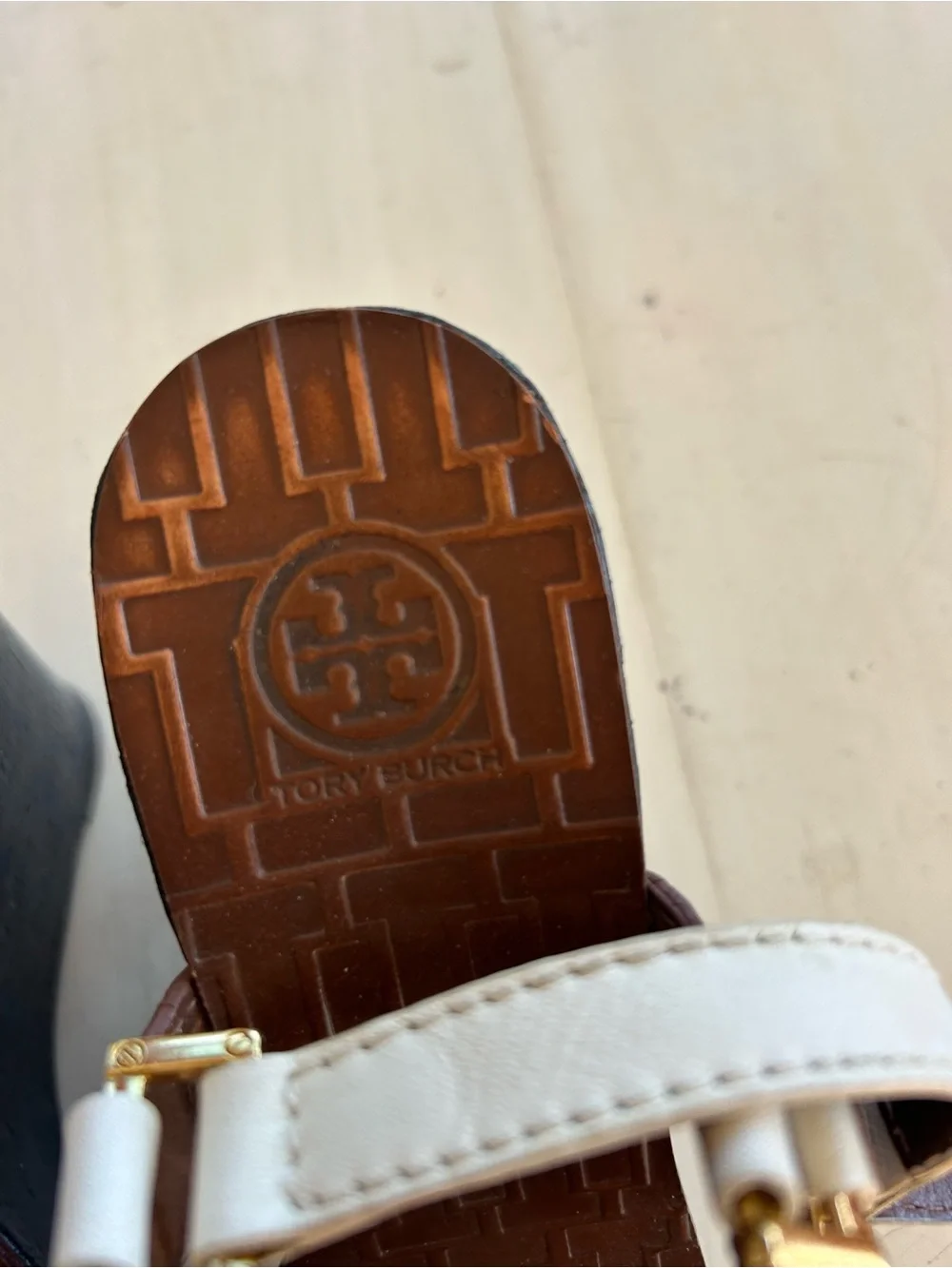 Tory Burch White and Brown Wedge Sandals with Gold Buckle Detail